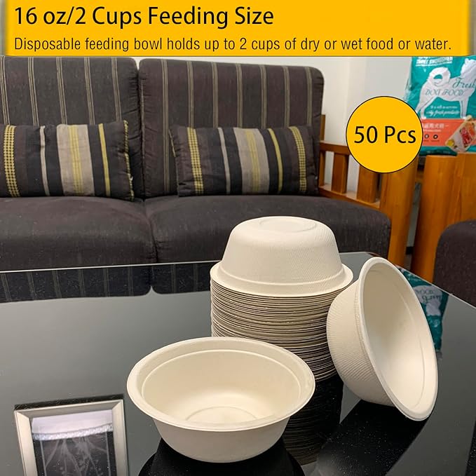 JETKONG 16 oz/2 Cup Disposable Dog Bowls 50pk, 100% Compostable Pets Feeding Bowls Paper Dog Travel Bowls Great for Dry and Wet Dog Food or Water (Natural, Pack of 50)