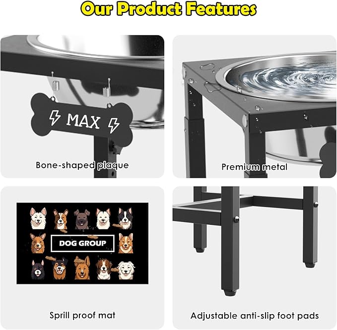 1.6 Gallon Elevated Dog Water Bowl for Large Dogs, 4-Height Adjustable (13–18'') Raised Stainless Steel Bowl with Spill-Proof Mat & Sturdy Metal Stand, Easy-Clean Feeder for Indoor/Outdoor Use