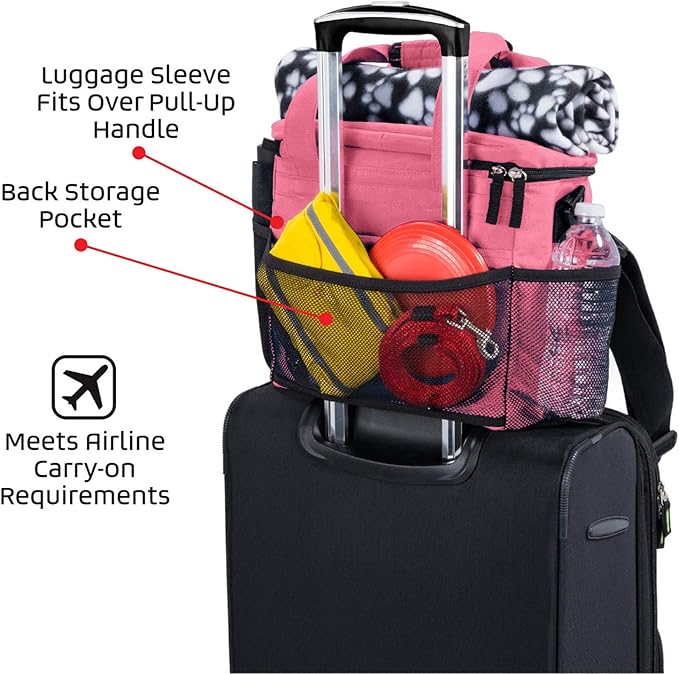 Mobile Dog Gear, Week Away Dog Travel Bag for Small Dogs, Includes Lined Food Carriers and 2 Collapsible Dog Bowl, Pink