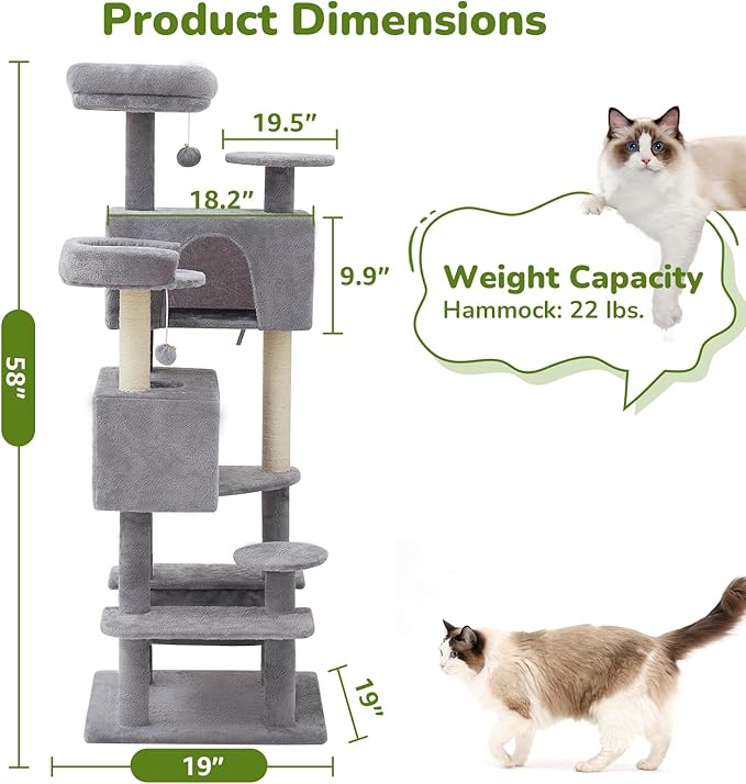 Cat Tree Tower with Large Hammock 54in Multi-Level Cozy Large Cat Tree with 2 Condo Top Perch Scratching Posts and Fun Cat Toys for Indoor Cats（Light Gray）