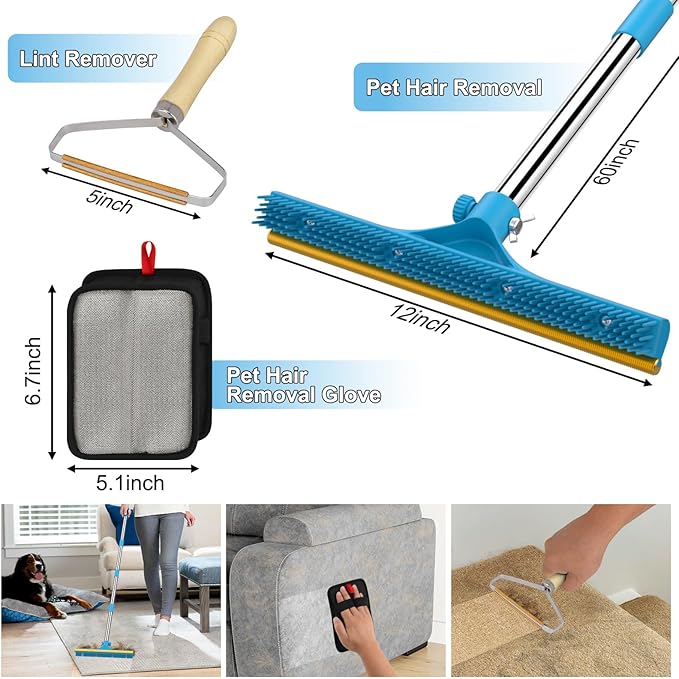 3 in 1 Carpet Rake for Pet Hair Removal, Reusable Pet Hair Remover Broom, 60'' Adjustable Long Handle Dog and Cat Hair Remover Tool Set of 3, Lint Remover Scraper for Carpets, Rugs, Mats, Couch, Car