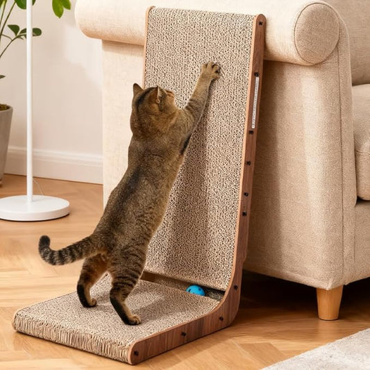 Simple Deluxe Cardboard Cat Scratcher with Cat Toys Ball Track, 24 Inches L-Shaped Scratch Pad, Cardboard Lounge Bed, Stable and Durable, Furniture Protector, Reversible