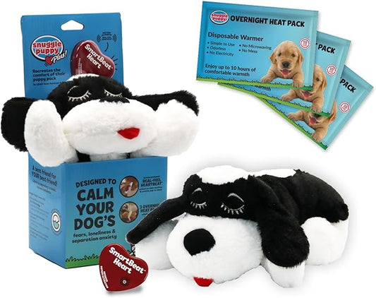 Special Edition Snuggle Puppy Toys - Heartbeat Puppy for Dogs - Pet Anxiety Relief and Calming Aid - Comfort Dog Toys for Behavioral Training in Black & White