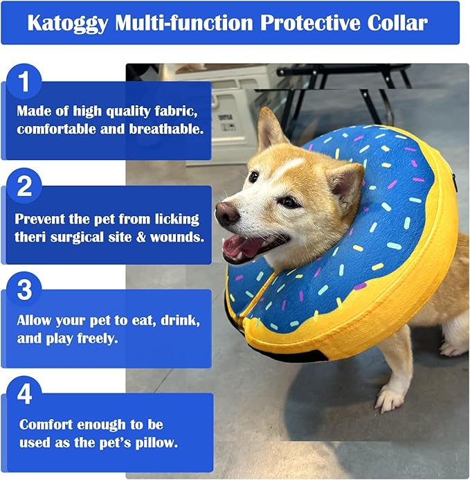 Katoggy Inflatable Dog Cone Collar for After Surgery, Soft Adjustable Blow up Donut E-Collar for Small Medium Large Dog and Cats