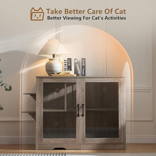47.8'' Dog-Proof Large Cat Litter Box Enclosure with Super Convenient Litter Collector,Cat Litter Box Cabinet with Litter Leak Walkway and Glass Doors for Better View,Grey