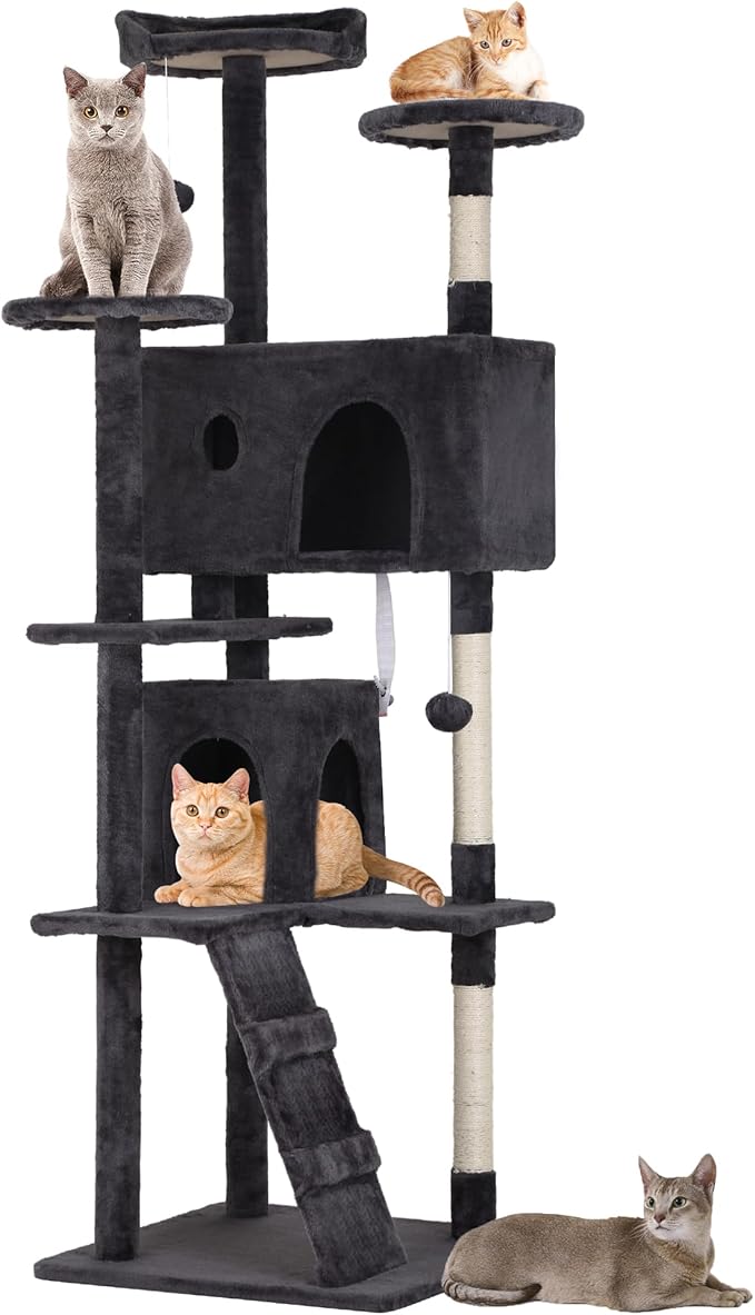 BestPet | 70" Cat Tree Tower | Dark Gray | Sturdy, Easy to Assemble, Multi-Level Activity Center with Sisal Scratching Posts, Condos, Perches, Hanging Cat Toys, Observation Decks & Ladder