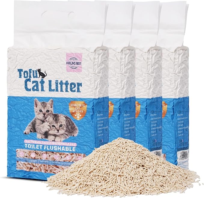 Tofu Cat Litter 22.4LB(5.6LB*4 Bags) Fast Clumping, Dust-Free,100% Natural Raw Materials, Clumping,Flushable,Ultra Absorbent and Fast Drying,Solubility in Water,Really,Less Scattering