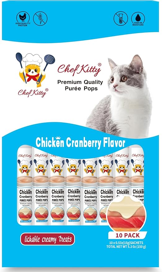 Purée Pops, Cat Treats, Grain-Free, Lickable, Squeezable Creamy Cat Treat/Topper with Vitamin E & Taurine, 0.5 Ounces Each Tube, 10 Tubes, Chicken with Cranberry Recipe