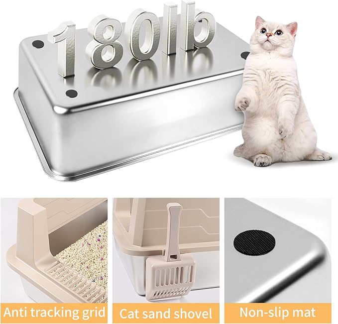 XXXL Stainless Steel Litter Box, 27.6" H x 19.7" W x 11.8" H Extra Large Metal High Sided Cat Litter Box with Scoop, Leak-Proof, Easy Clean for Big Cats/Multiple Cats (Khaki)