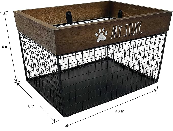Rae Dunn Pet Toy Storage Bin - Metal and Wood Organizer for Dog Toys, Treats, Leashes - Cat Toy Basket Container - Dark Wood