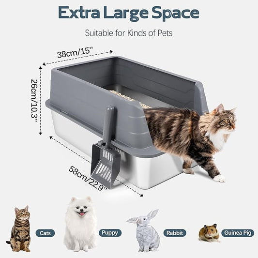 3 Pack Stainless Steel Litter Box, XL 22.9” x 15” x 10.3” High Sided Metal Cat Litter Tray with Scoop, Cat Litter Box for Anti-Splash, Non-Sticky, Easy to Clean (Dark Grey)