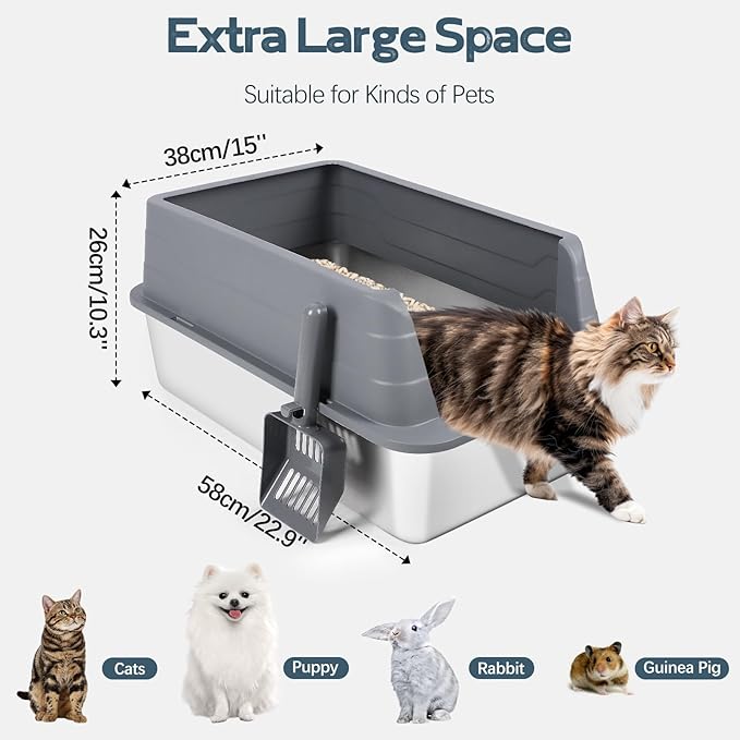2 Pack Stainless Steel Litter Box, XL 22.9”x15”x 10.3” High Sided Metal Cat Litter Tray with Scoop, Cat Litter Box for Anti-Splash, Odor Control, Non-Sticky, Easy to Clean (Dark Grey)