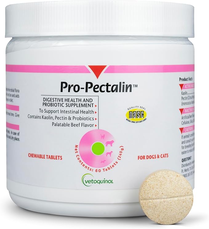 Vetoquinol Pro-Pectalin Chewable Tablets for Dogs & Cats, Helps Relieve Occasional Diarrhea, Situational Diarrhea Relief with Kaolin and Pectin, Contains Beneficial Probiotic Bacteria, 60ct