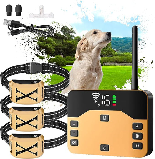 Wireless Dog Fence, Pet Boundary Containment System, IP67 Waterproof Rechargeable Training Collar Receiver, Vibration & Shock, Range of 80-1640ft, Electric Pet Fence for Stubborn Dogs,for3dogs