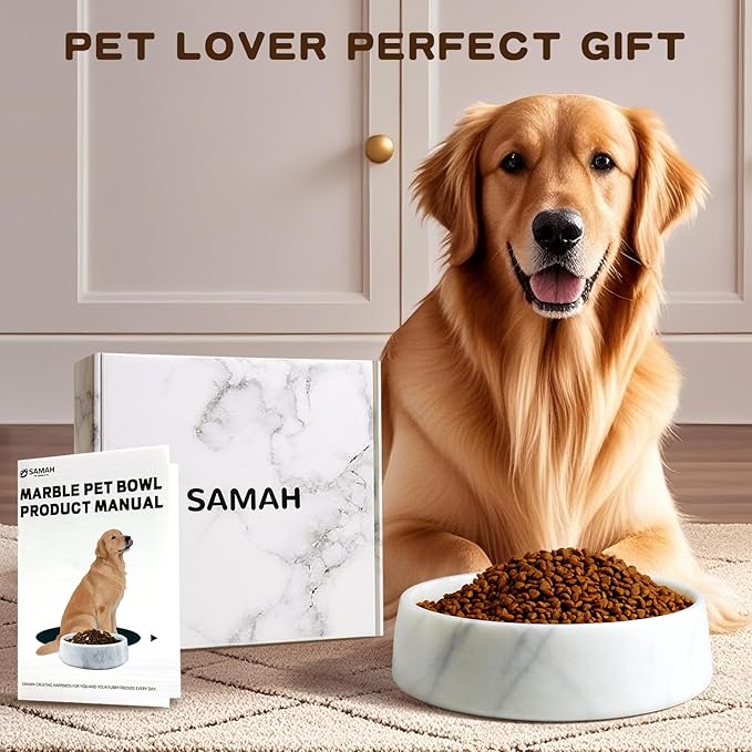 White Marble Dog Bowl, Non-Slip Dog Food Water Bowl, Small Weighted Stone Dish, Natural Marble Heavy Pet Bowl, Easy to Clean, Gifts for Cat Lovers, Perfect Cat Dog Gifts, Holds 4 Cups(5 lbs)