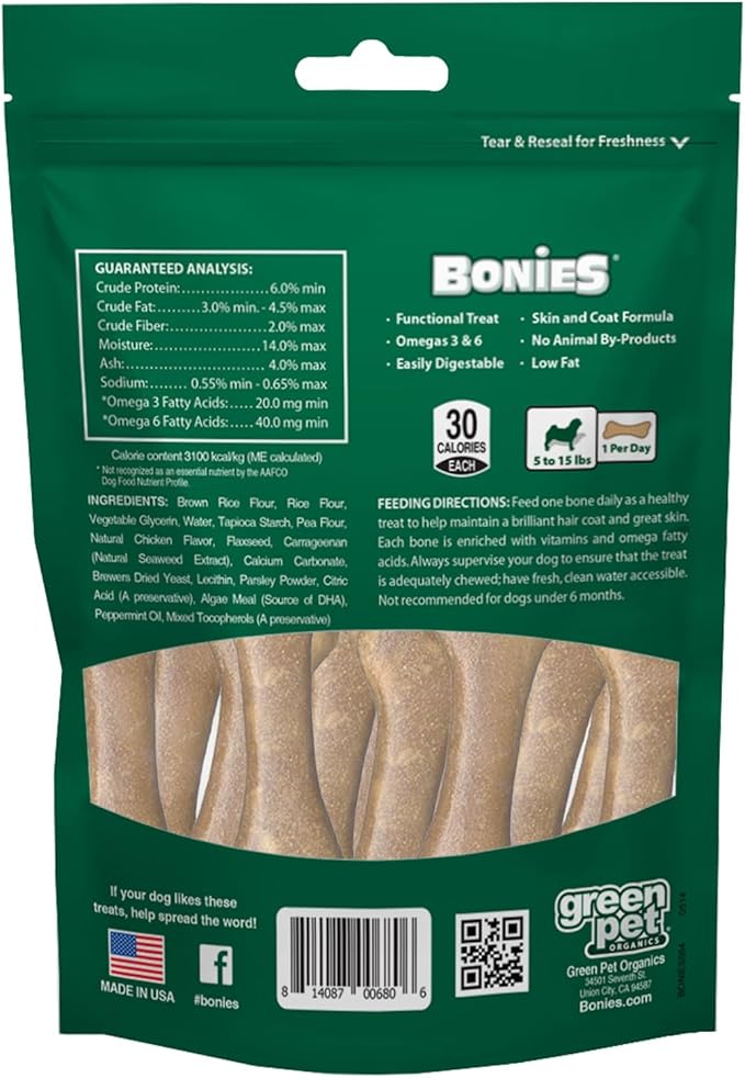 Bonies Natural Skin & Coat Formula Minis-Sized Bone, Promote Silky Coat & Healthy Skin, Healthy Teeth & Fresh Breath, Low Calories - Chicken Flavor, MINI Dogs, 20 Bones