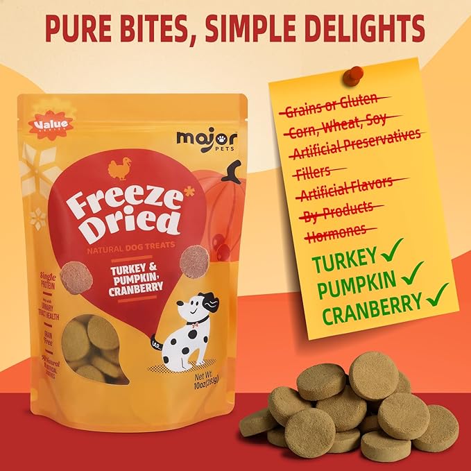 MAJOR PETS Freeze Dried Turkey & Pumpkin, Cranberry Dog Treats, Single High Protein, 100% Natural, Help with Digestion, Grain Free, Training Bites & Meal Topper for Dogs, Made in The USA, 10oz