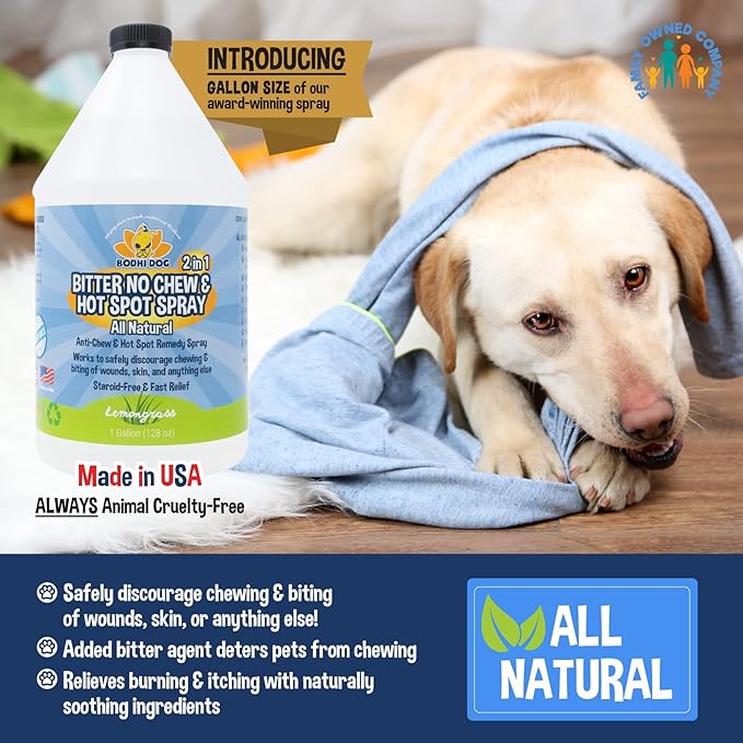 Bodhi Dog Bitter 2-in-1 No Chew & Hot Spot Spray - Natural Anti-Chew Remedy Better Than Bitter Apple - Soothes Hot Spots, Deters Chewing - Safe for Skin, Wounds & Furniture- Made in USA (128 Fl Oz)