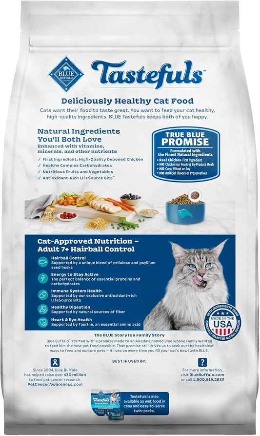 Blue Buffalo Tastefuls Natural Dry Food for Adult Cats 7+, Hairball Control, Chicken & Brown Rice Recipe, 7-lb. Bag