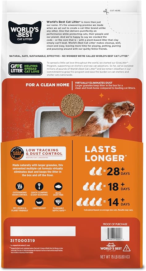 WORLD'S BEST CAT LITTER Low Tracking & Dust Control Multiple Cat Unscented 15-Pounds - Natural Ingredients, Quick Clumping, Flushable & Made in USA - Long-Lasting Odor Control & Easy Scooping