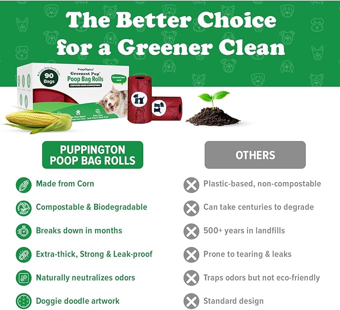 Puppington Certified Home Compostable Poop Bags - ASTM D6400 Compliant - 90 Extra Thick Bags - Plant Based - Pairs with Puppington 3-in-1 Bag & Fits all Standard Poop Bag Dispensers (Ruby Red)