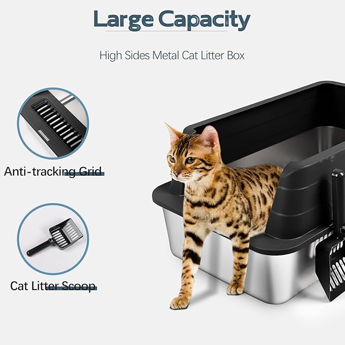 2 Pack Stainless Steel Litter Box, XL 22.9”x15”x 10.3” High Sided Metal Cat Litter Tray with Scoop, Cat Litter Box for Anti-Splash, Odor Control, Non-Sticky, Easy to Clean (Black)