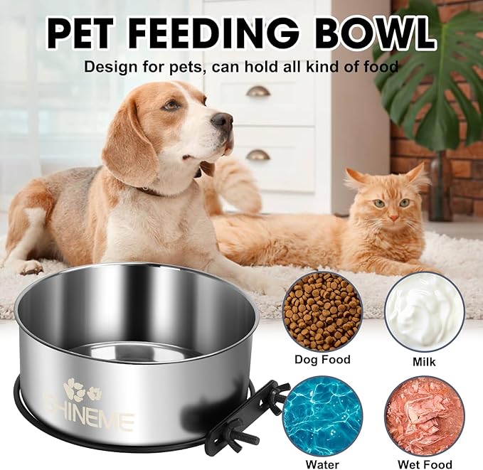 Water Bowl for Dog Crate, ShineMe 34oz & 25oz Stainless Steel Dogs Bowls, Dog Food and Water Bowl Set Mountable in Crate Kennel Cage, 2 Pack, Silver (6.2x2.6” & 5.5x2.4”)