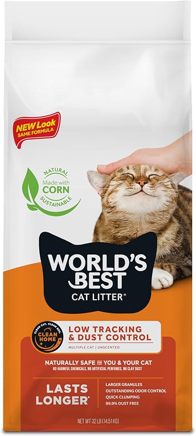 WORLD'S BEST CAT LITTER Low Tracking & Dust Control Multiple Cat Unscented 32-Pounds - Natural Ingredients, Quick Clumping, Flushable & Made in USA - Long-Lasting Odor Control & Easy Scooping