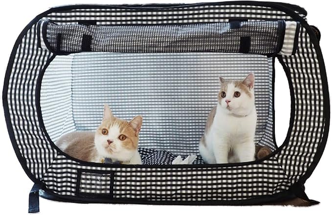 Necoichi Stress-Free Enclosure Cat Travel Carrier Cage 31.8" L x 20.0" W x 20.0" H Collapsible Gray White Stripes | Pop up Kannel, Crates