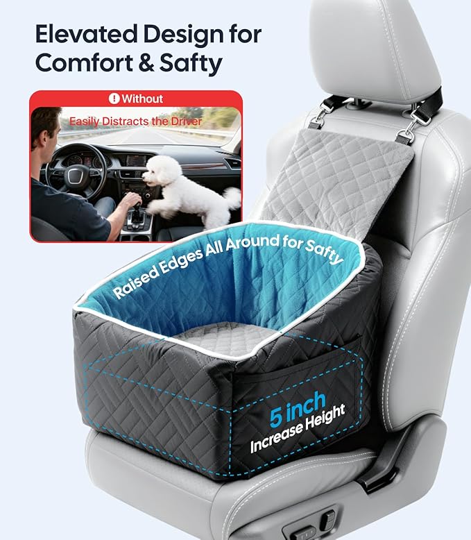 Wigoo Dog Booster Car Seat for Small & Medium Dogs up to 35 lbs, Elevated Pet Seat with Comfort Support, Detachable & Washable Cover, Storage Pockets, and Dog Safety Belt (Black/Grey)