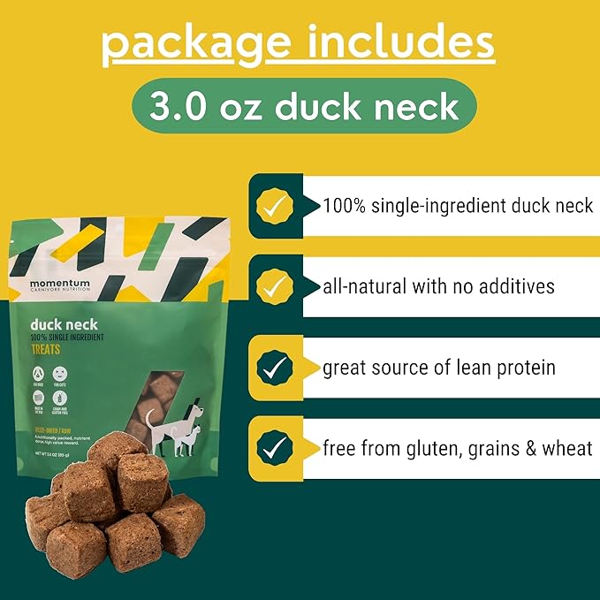 Momentum Carnivore Nutrition Freeze-Dried Duck Neck Dog Treats – Single-Ingredient, Dog & Cat Treats – High-Protein, Grain-Free– 3 oz Bag