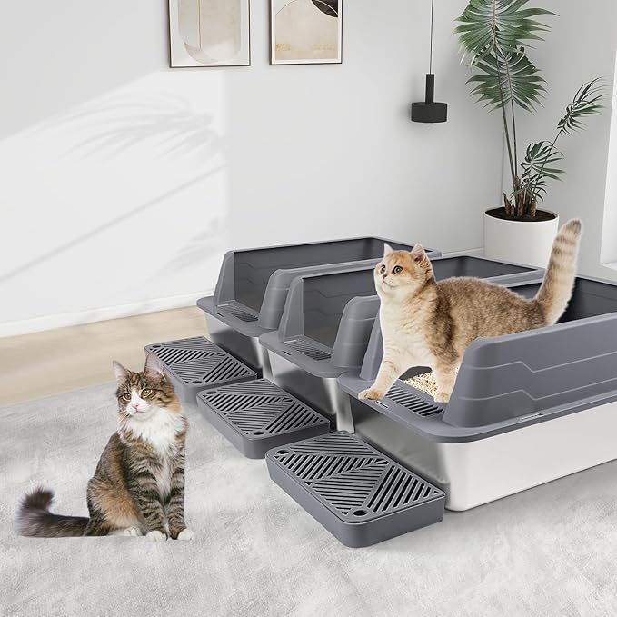 3 Pack Stainless Steel Litter Box, XL 22.9” x 15” x 10.3” High Sided Metal Cat Litter Tray with Scoop, Filter Pedal for Anti-Splash, Non-Sticky, Easy to Clean (Dark Grey)