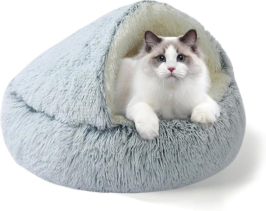 YUDANSI Calming Cat Beds for Indoor Cats - Plush Fluffy Hooded Cave Nest, Anti-Slip Self-Warming Pet Beds, Washable Built-in No-Collapsing Support (Grey-50cm/20in)