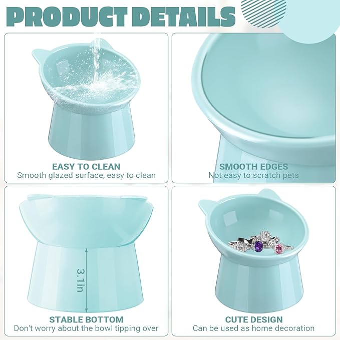 Zhehao 2 Pieces Plastic Raised Bowl Tilted 15 Degrees Elevated Cat Food and Water Bowls Set Anti Vomit Dog Kitten Food Dishes Pet for Cats and Small Dogs(Cat Ears,Light Green)