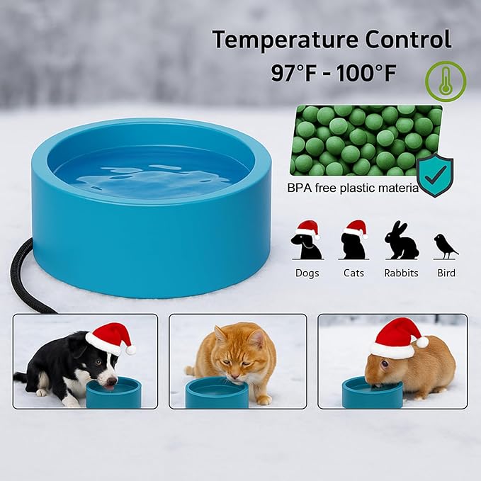 Heated Water Bowl for Dog Cat, Outdoor Warming Animals Bowl with Chew Resistant Power Cord, Waterproof Heat Pet Bowl Smart Uniform Heating in Winter Antifreeze for Chicken Duck,108 fl oz