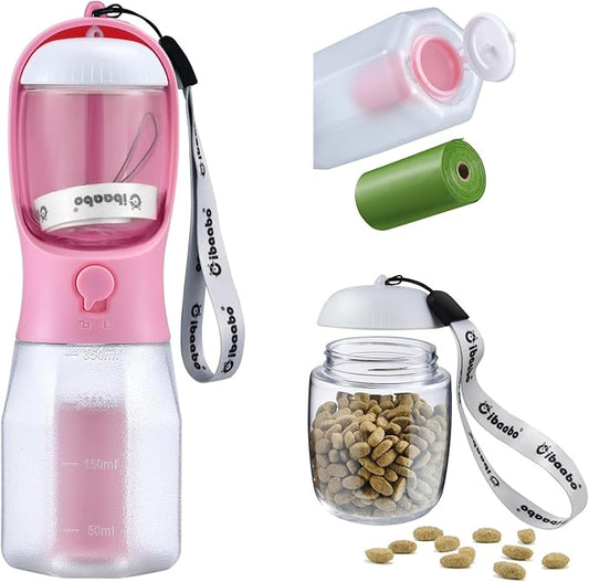 Dog Water Bottle with Food Container & Poop Bag Holder, Travel Water Bowl, Portable Pet Dispenser, Girl Dog Accessories Stuff Items Essentials Gift for Yorkie Chihuahua Walking Hiking