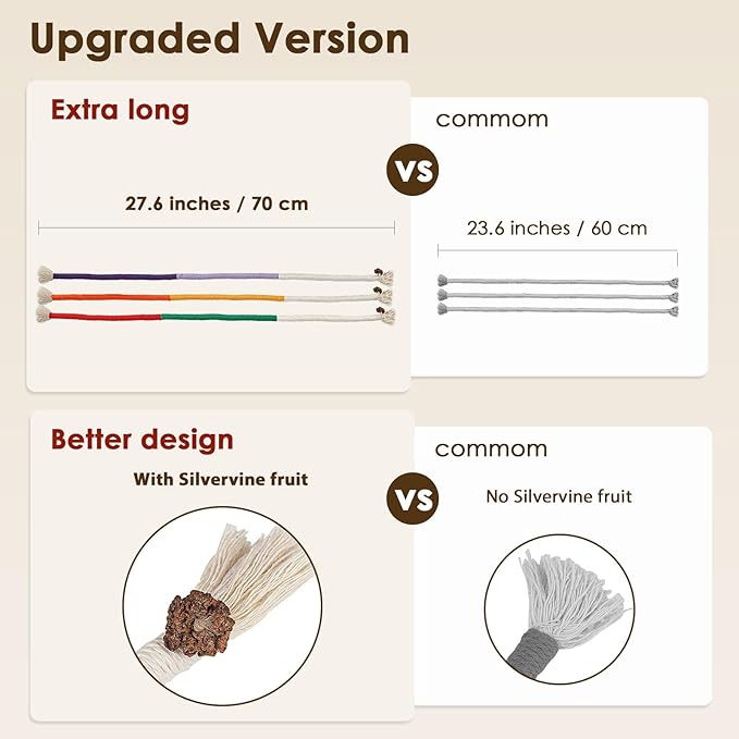 3 PCS Cotton Rope Cat Toys with 3 Pack Catnip for Indoor Cats, Interactive Cat Rope Toys with Silvervine Fruit for Cats and Kittens, Handmade Pet Chew Toys for Teeth Cleaning