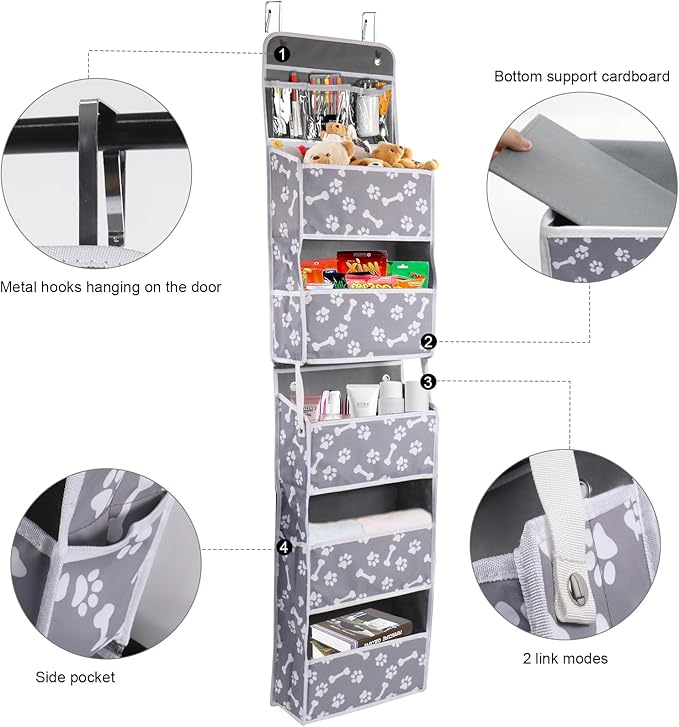 Dog Toy Basket,5-Shelf Hanging Organizer for Dog Toys,Over Door Basket for Dogs with 2 Metal Hooks,5 Pockets Organizer for Dog Leash Harness Toys Treats-62.5''(Height)-Bone Claw Print