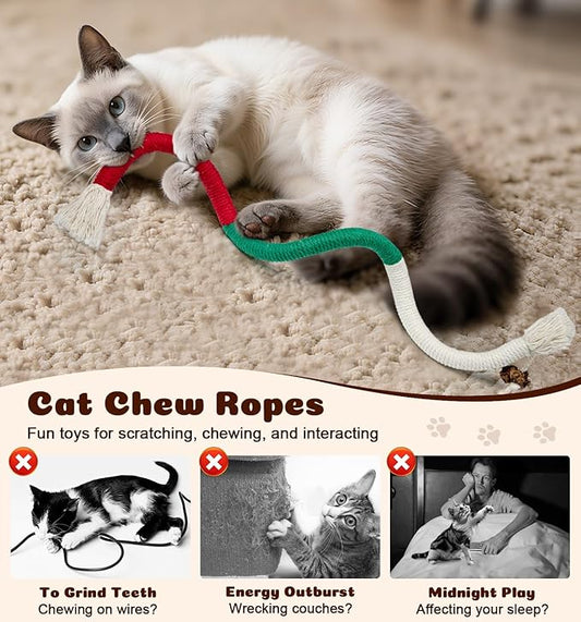 Cat Chew Ropes 4Pcs, Cat Toys for Indoor Cats with Refillable Natural Catnip, Safe Teeth Cleaning Chew Toys, Interactive Kitten Nip Toys and All Breeds (19.5 Inches)