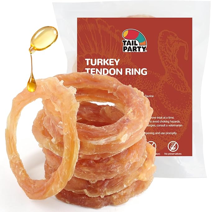 TailParty Turkey Tendons for Dogs with Fish Oil & Taurine: 8 oz Dog Healthy Treats, All Natural Dental Chew Rings, Long-Lasting Training-Reward Snacks for Health-Conscious Pet Owners