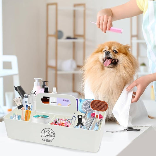 Dog Storage Organizer for Grooming Supplies,8-Compartment Caddy for Dog Cat Grooming Kit,Pet Stuff Storage, Ieal for Shampoo, Trimmer,Clipper,Combo,Brush-Modern Minimalist White