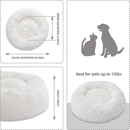 White Faux Fur Cat & Dog Beds 20 inches - Washable Dog Beds for Small Medium Dogs, Anti-Anxiety, Round Plush, Fluffy Thick Bottom