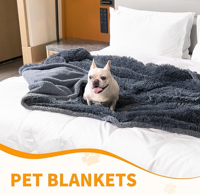 Waterproof Dog Calming Blanket 40x28in Gray Pet Throw Blankets for Dogs Cats Fluffy Long Faux Fur Puppy Couch Cover Reversible Love Bed Mat Washable(Gray,S)
