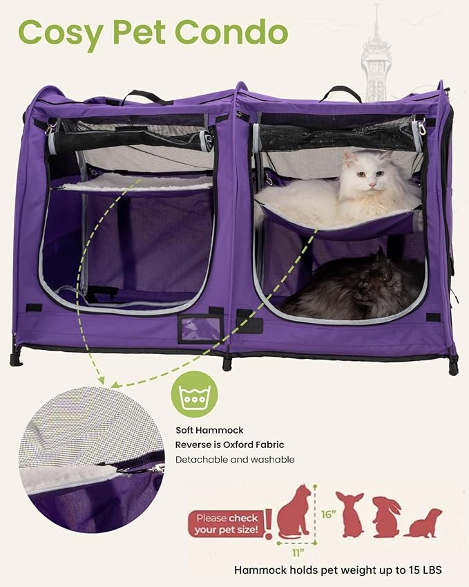 Mispace Portable Twin Compartment Show House Cat Cage/Condo - Easy to Fold & Carry Kennel - Comfy Puppy Home & Dog Travel Crate with Portable Carry Bag/Two Hammocks/Mats and Collapsible Litter Box