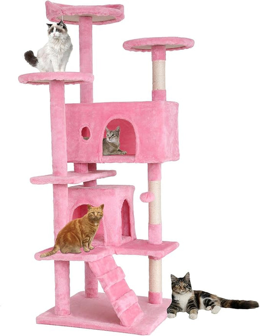 BestPet | 54" Cat Tree Tower | Pink | Sturdy, Easy to Assemble, Multi-Level Activity Center with Sisal Scratching Posts, Condos, Perches, Hanging Cat Toys, Observation Decks & Ladder