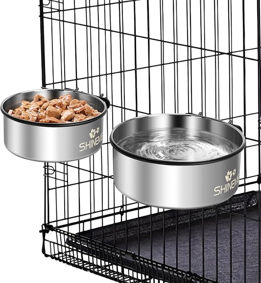 Water Bowl for Dog Crate, ShineMe 34oz & 25oz Stainless Steel Dogs Bowls, Dog Food and Water Bowl Set Mountable in Crate Kennel Cage, 2 Pack, Silver (6.2x2.6” & 5.5x2.4”)