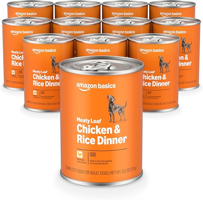 Amazon Basics Wet Dog Food, Meaty Loaf, Chicken & Rice Dinner, Made with Real Chicken, 13.2 oz can (Pack of 12)