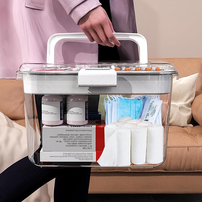 2 Layers Dog First Aid Kit Box,Large First Aid Kit Bin,Medic Box for Dog Cat,Empty First Aid Box,Medicine Organizer with Built in Handle,Family or Dog Travel Camping Emergency Tool Set-White