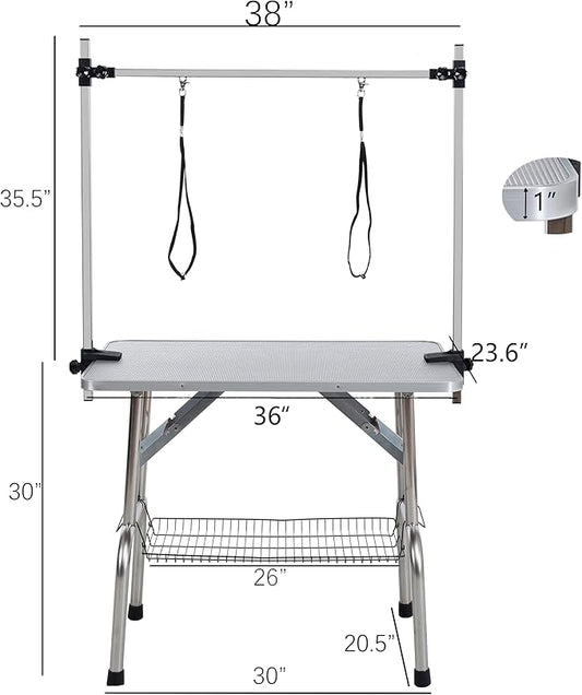 Pet Grooming Table, 36" Adjustable Height Dog Grooming Table with H-Type Arm & Stainless Steel Legs, Non-Slip E1 Grade Top, Tool-Free Folding, Portable for Professional & Home Use (Silver, 36inch)