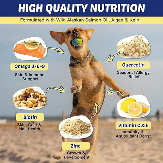 ZEBORA Salmon Oil for Dogs, Omega 3 Fish Oil for Dogs Skin and Coat with EPA & DHA, Zinc, Biotin, Quercetin, Vitamin C & E for Dog Allergy Relief, Hot Spot Treatment, Control Dog Shedding, 180 Chews